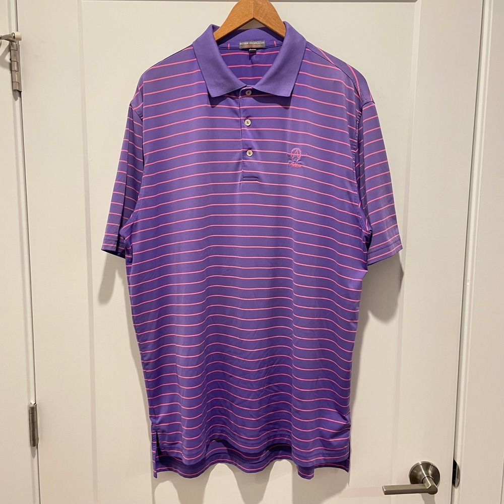 Peter Millar Summer Comfort Men XL Purple Pink Strip Polo Shirt Adios Golf Logo